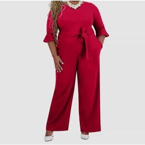 Kasper Women's Boat-Neck 3/4-Ruffle-Sleeve Jumpsuit Red Plus Size 2X MSRP $129